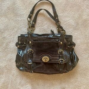 COACH Legacy Garcia Brown Patent Leather and Suede Hobo Bag with Brass Hardware